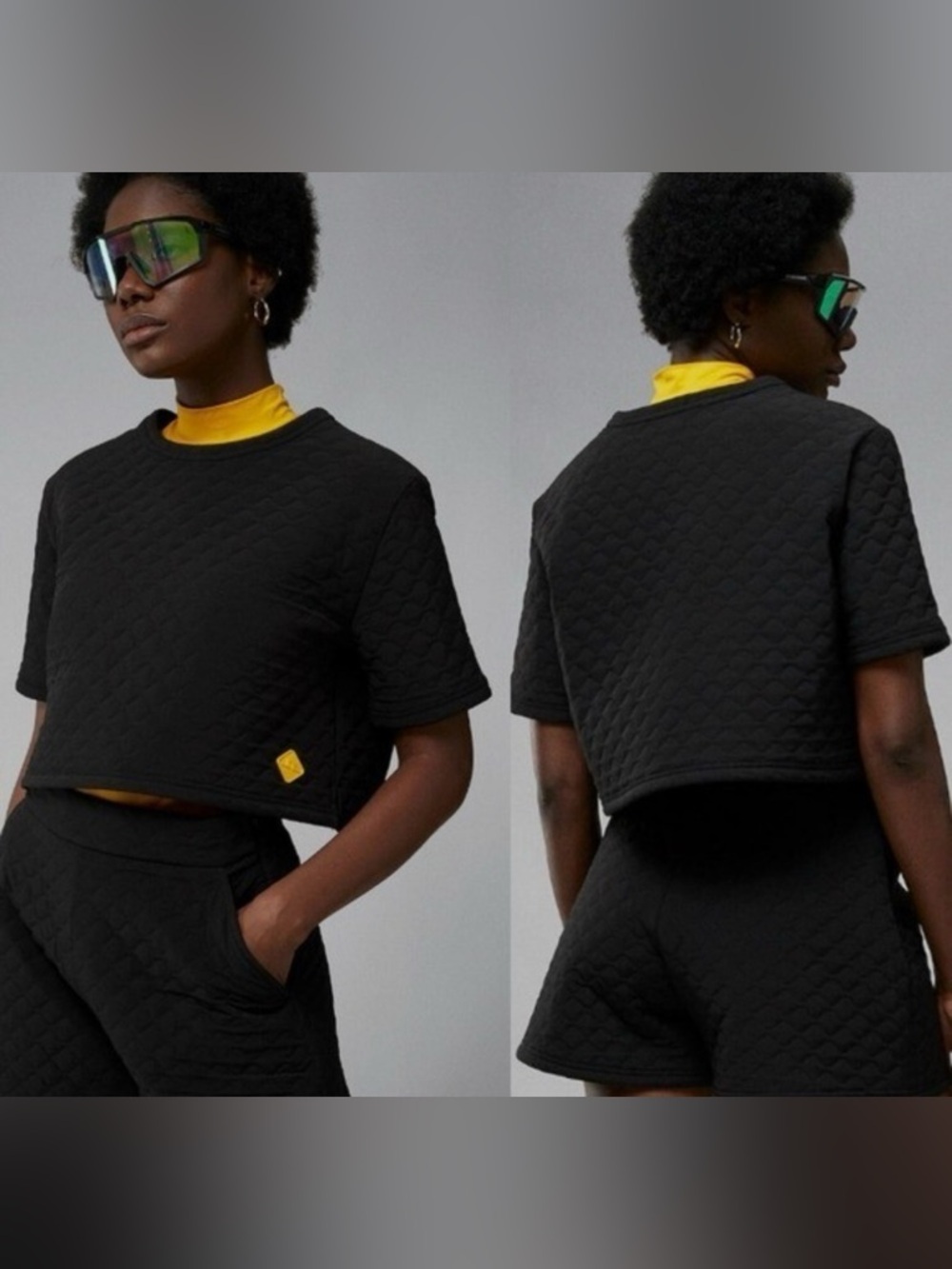 NWT J. Lindeberg Black Quilted Cropped Short Sleeve Top